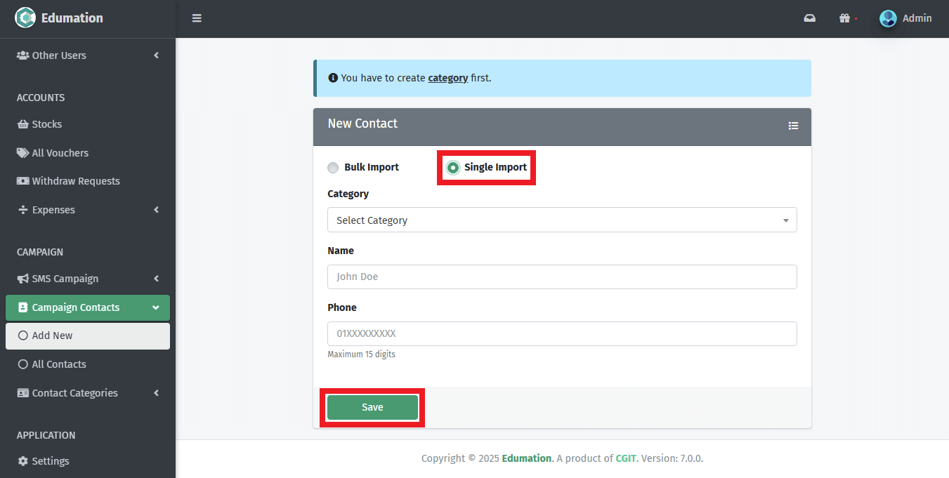 একক যোগাযোগ তৈরি।