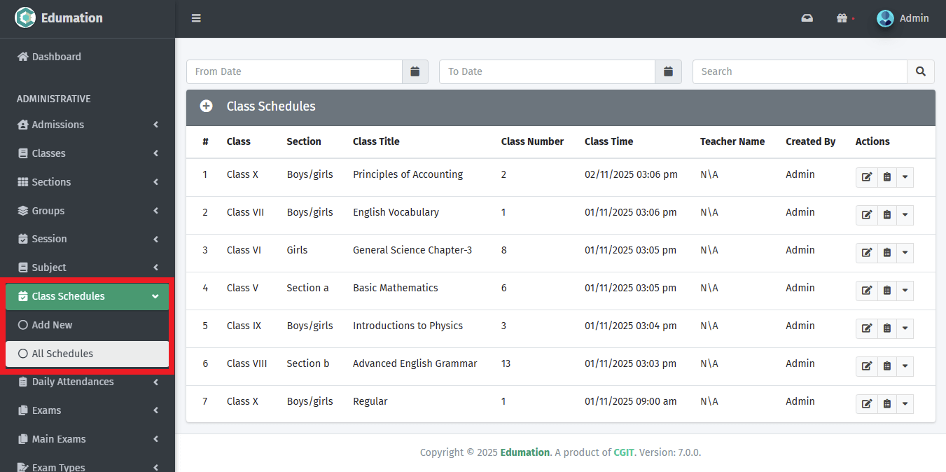 সকল সময়সূচীর তালিকা।