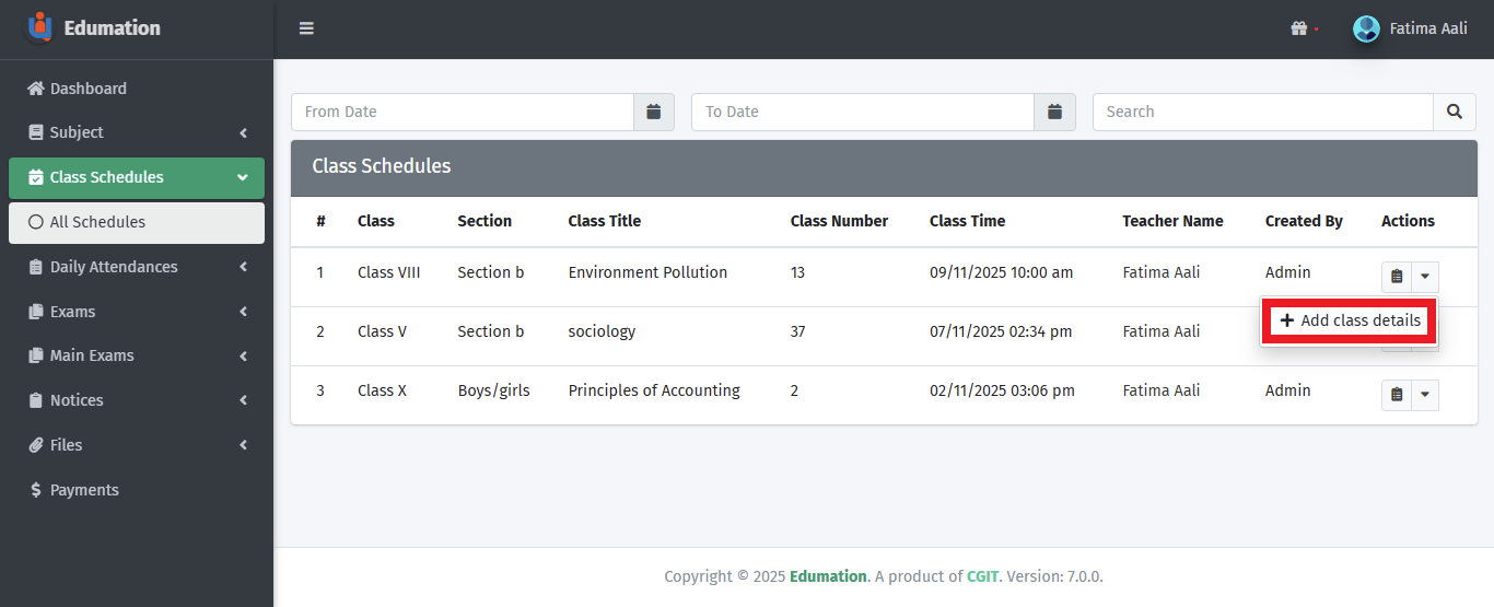 শ্রেণি সময়সূচীতে তথ্য সংরক্ষণ।