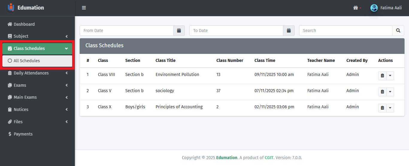 সকল শ্রেণি সময়সূচীর তালিকা।