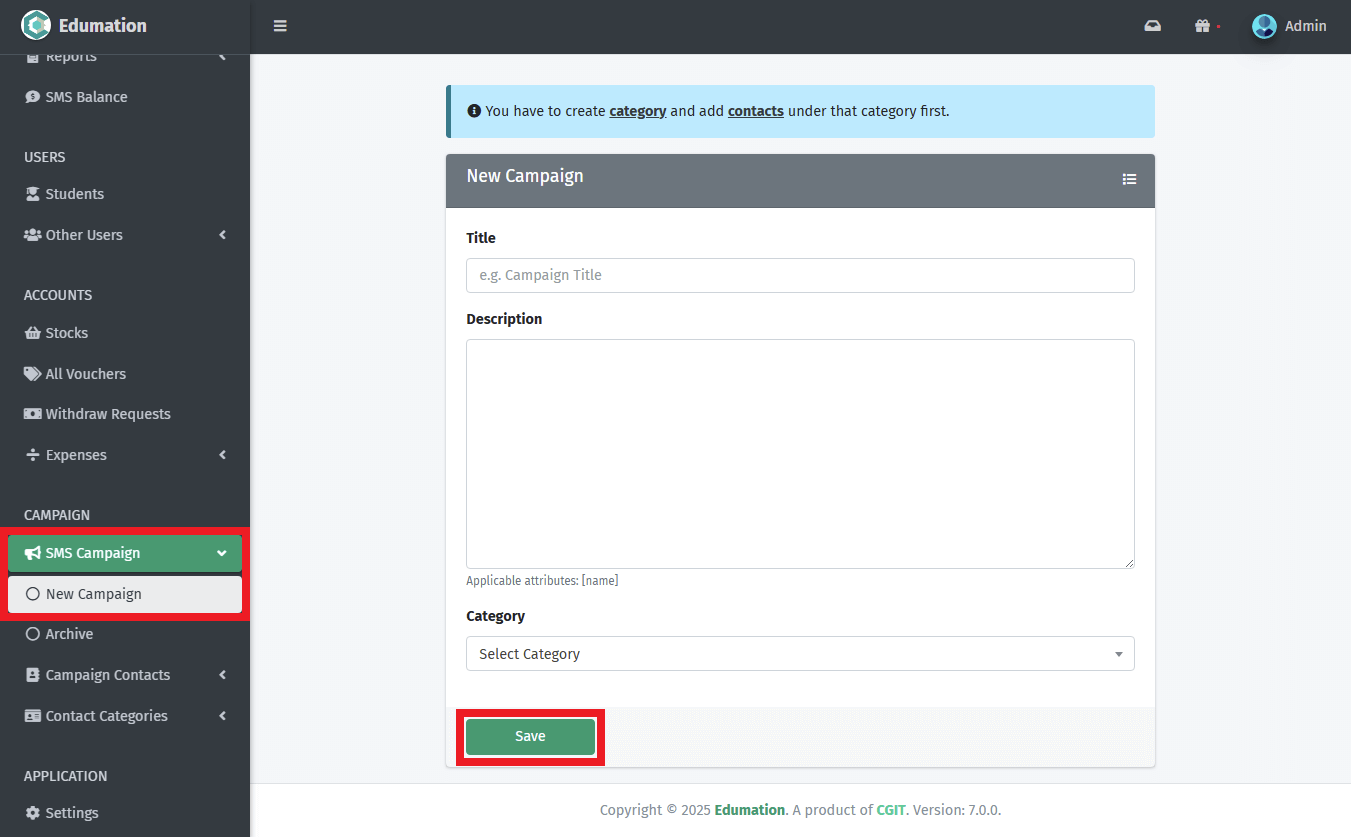 নতুন ক্যাম্পেইন তৈরি।