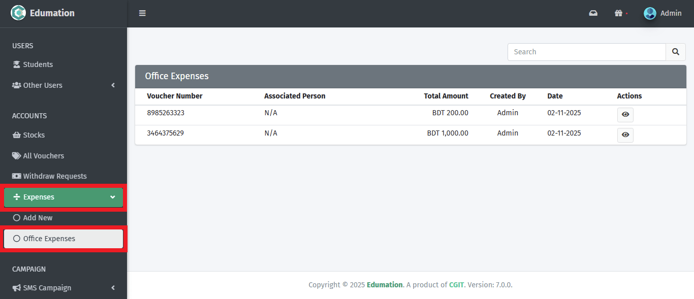 অফিস ব্যয় তালিকা।